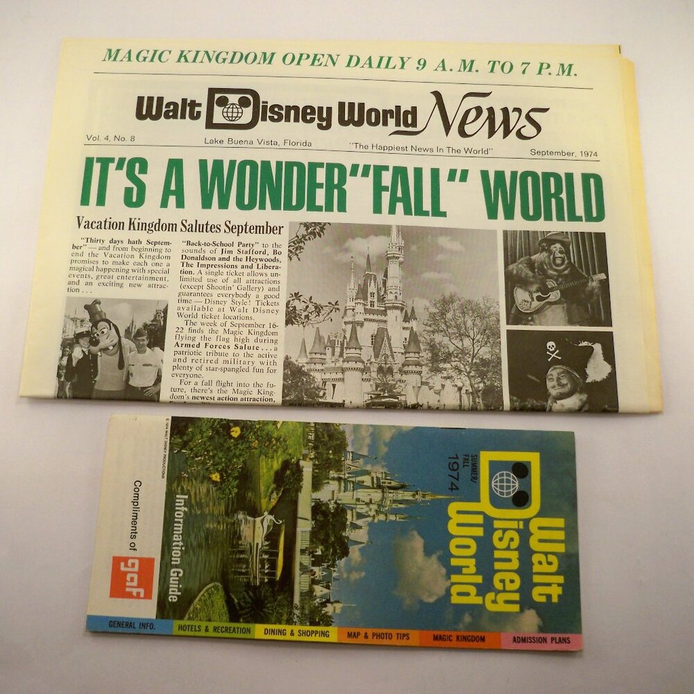 Disney World Magic Kingdom Guide, Newspapers 1974 Vintage Ephemera